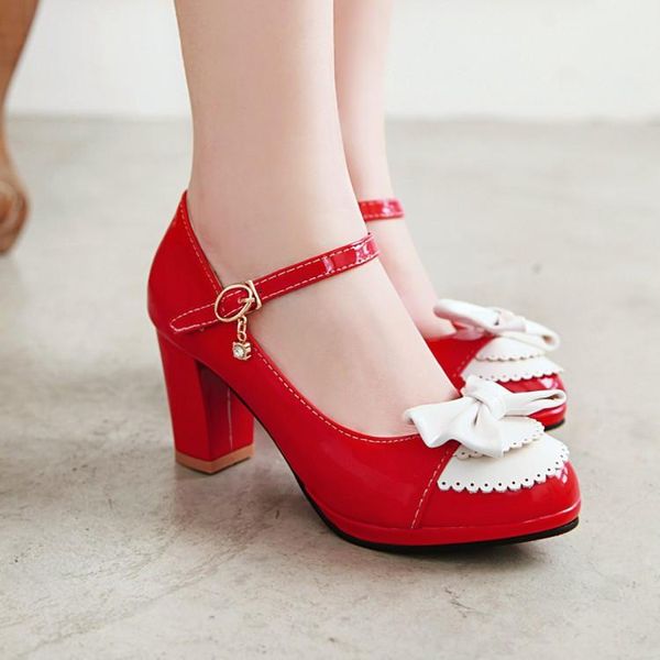 

princess lolita mary jane shoes woman high heels red white bowtie ladies spring pumps party wedding dress large sz, Black