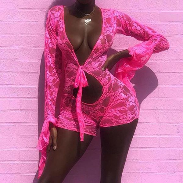 

omsj fashion pink womens jumpsuits deep v neck flare sleeve floral mesh lace perspective hollow out up bodycon, Black;white