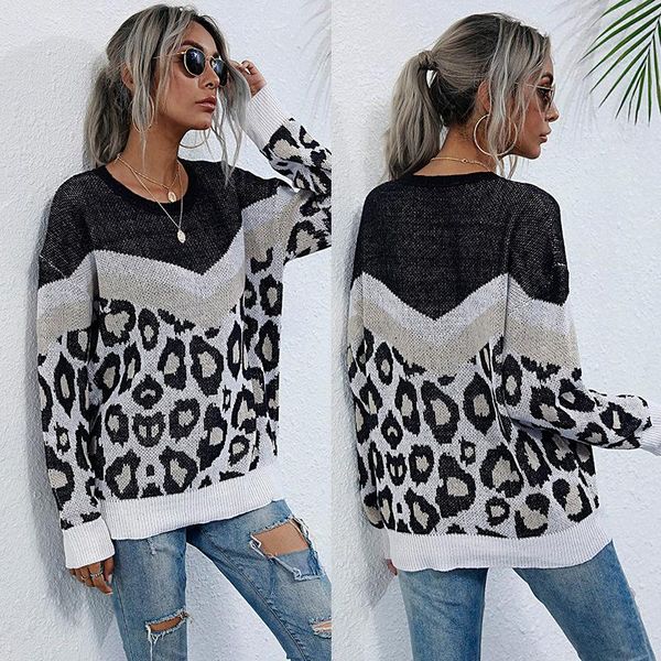 

women's sweaters 2021 fashion leopard women sweater autumn winter stitching loose round neck knitted pullover long sleeve top, White;black