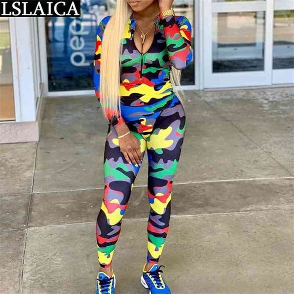 

body suits for women romper fashion camouflage print bodycon jumpsuit long sleeve stand collar zipper overalls fall 210515, Black;white