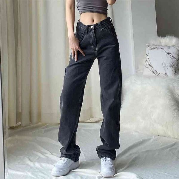 

cheeky straight jeans for women high waist loose non stretch denim with slim relaxed fit vintage inspired feel pants 210629, Blue