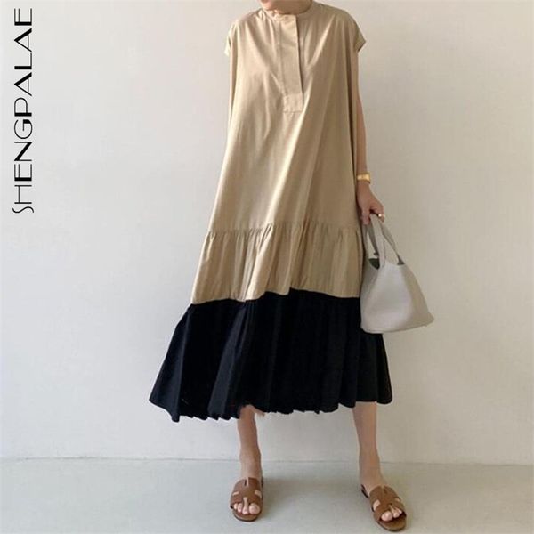 

shengpllae minimalist dress women summer round neck loose contrast color patchwork pleated sleeveless mid-calf dresses 210427, Black;gray