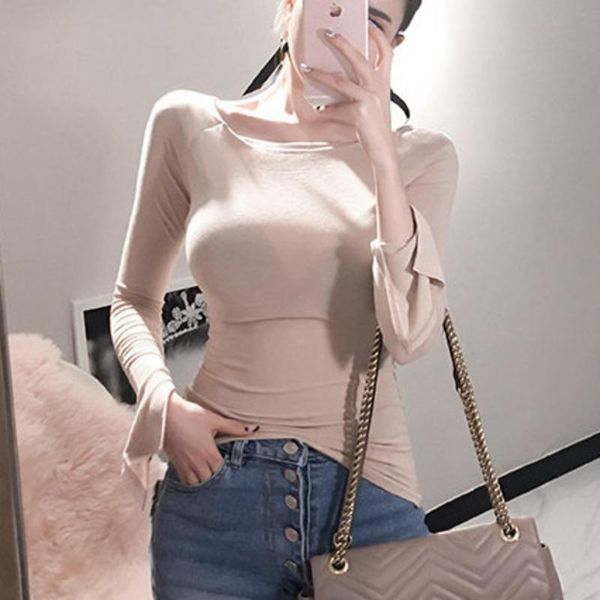 

women's t-shirt korea tight thin handsome strapless slash neck slim bottomed autumn long sleeve summer qaz4, White