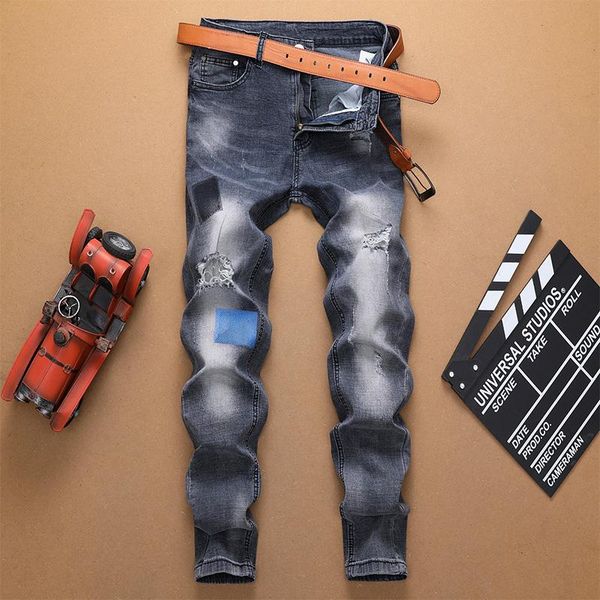 

ripped jeans boy hole distressed straight cotton hip hop style brand denim trousers homme plus size 29-38 slim fit men's, Blue