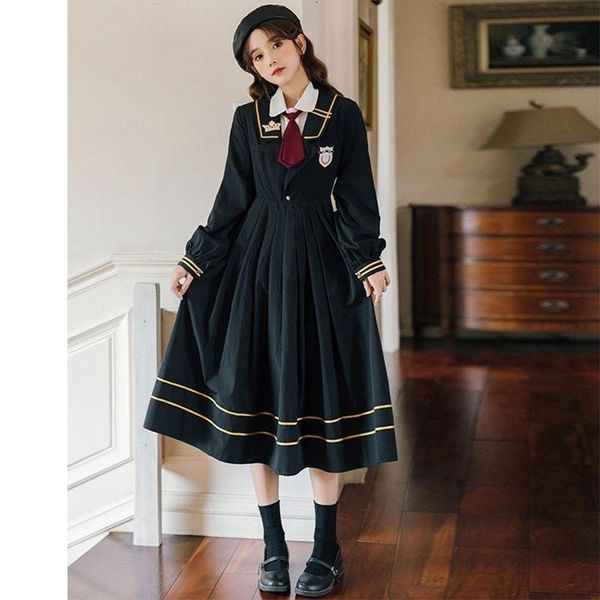 

casual dresses spring autumn suit uniform women retro college style dress girls sweet navy collar high waist midi stripes long sleeve pleate, Black;gray