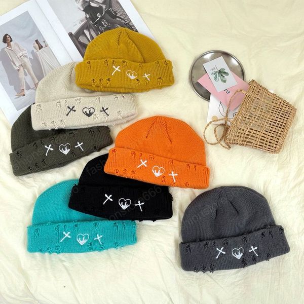 

hip hop heart cross embroidery skullies beanies for men women solid color cuffed holes hats autumn winter harajuku bonnet, Blue;gray