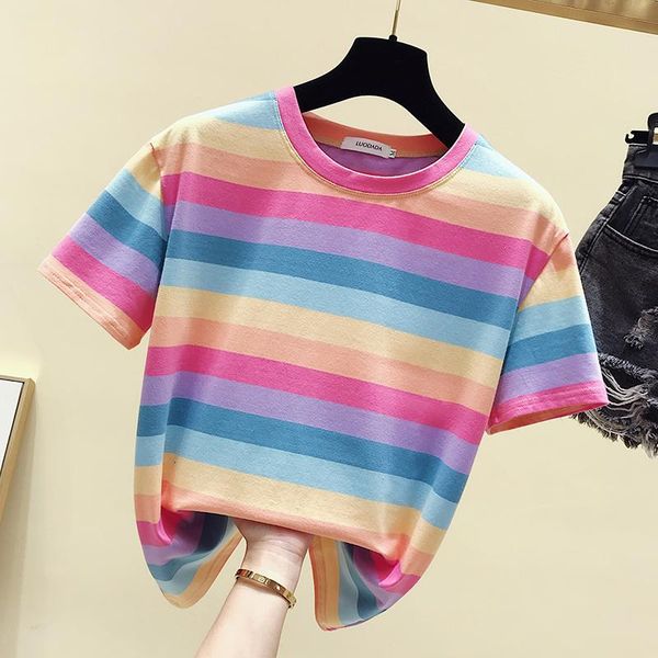 

women's t-shirt short sleeves rainbow striped woman clothes t-shirts harajuku vintage blouses spring autumn summer style 2021, White