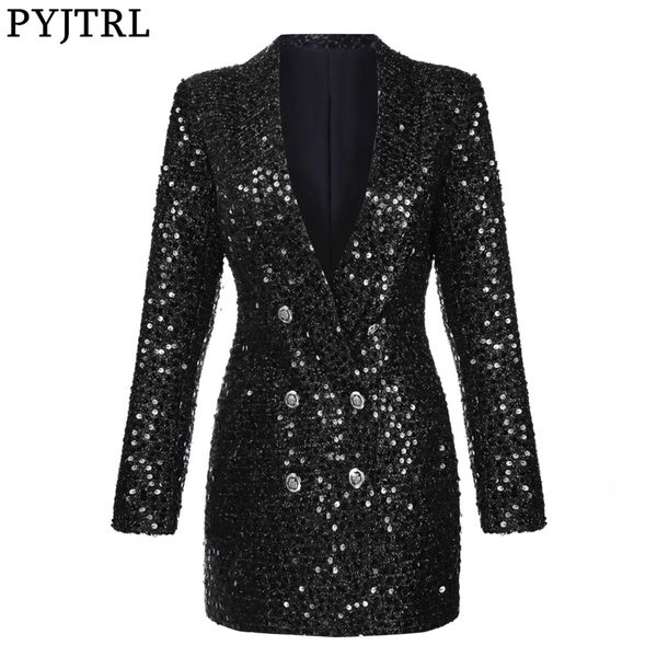 

pyjtrl new fashion women shawl lapel shiny sequins suit jacket female double-breasted long coat slim fit blazers autumn clothes 210330, White;black