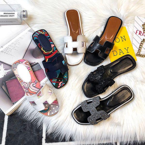 

[true sheepskin]ins net red h slippers women's summer fashion wear leather versatile flat bottom cool slipper water drill one line slip, Black