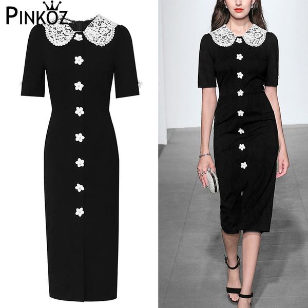 

runway designer peter pearl button split bodycon dress autumn winter vintage short sleeve lace lapel collar midi party 210421, White