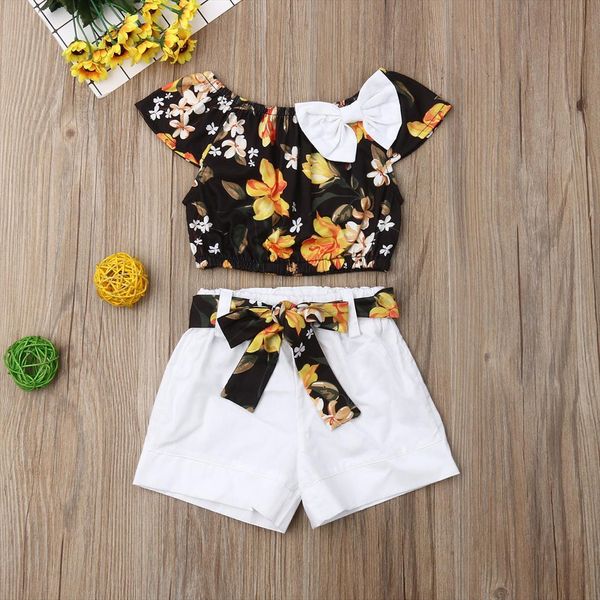 

fashion newborn baby kid girl clothes summer floarl t shirt solid short pant 2pcs outfits set clothing for 1, White