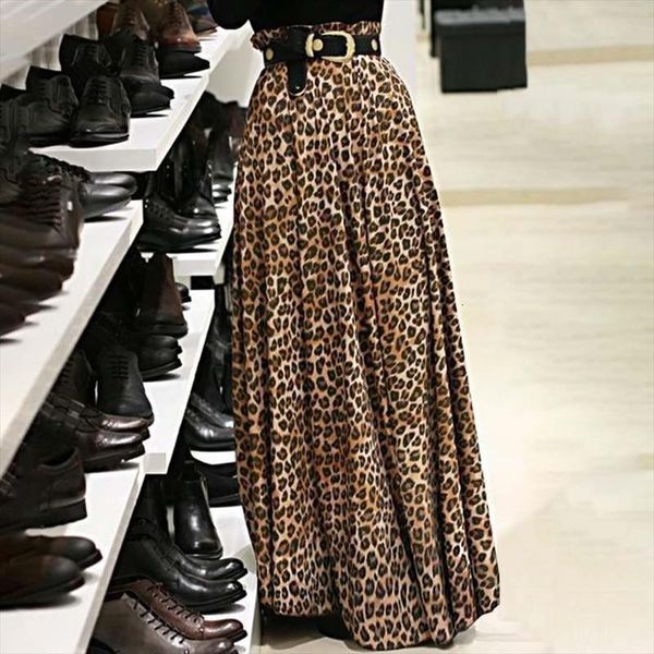 

elegant long fashion leopard womens skirts print vintage high waist female casual loose pleated, Black