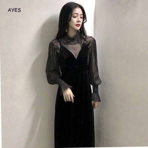 

two piece dress black 2pcs sets women lurex shiny glitter mesh shirt+strap pleated loong chic vogue 2 pieces set spring s-4xl, White