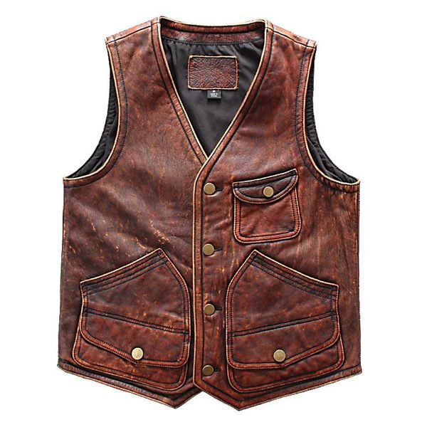 

men's leather & faux factory 2021 vintage brown men genuine jacket vest fahion single-breasted cowhide riding biker vests, Black