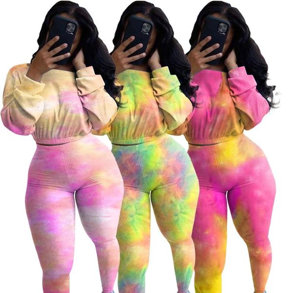 

women's tracksuits 2021 plus size pit strip tie-dye positioning printing color off-shoulder long-sleeved casual suit, Gray