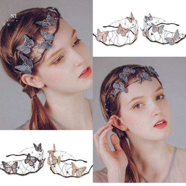 

high-end ladies headband butterfly crown handmade bridal wedding hair accessories mori girl hollow mesh headdress hairband 2021 bun maker, Brown