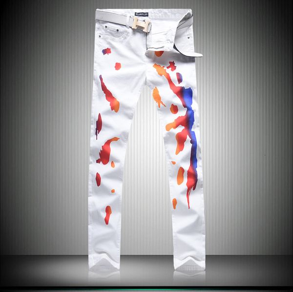 

jeans men's elastic fashion white printing korean slim pants, Blue