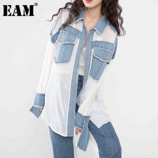 

[eam] women chiffon burrs denim big size blouse lapel long sleeve loose fit shirt fashion spring autumn 1dd127300 210512, White