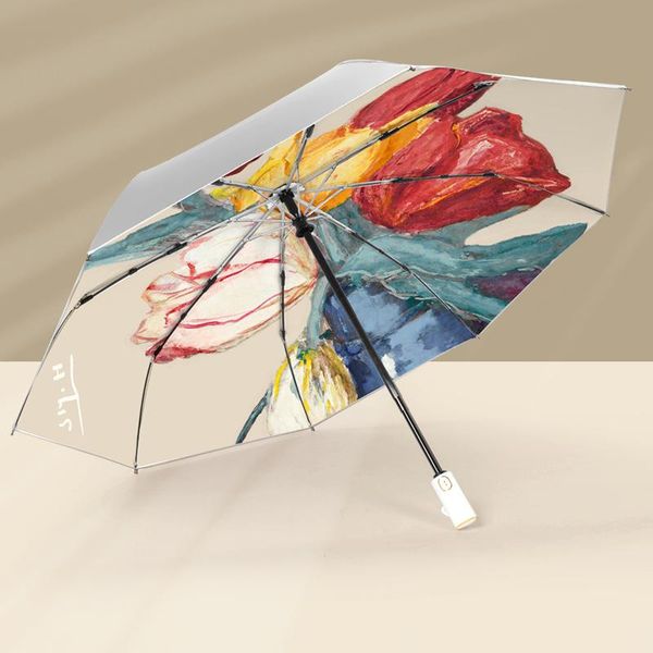 

umbrellas retro hand-painted colorful tulips titanium silver sunscreen parasol anti-uv sun & rain dual-use portable folding