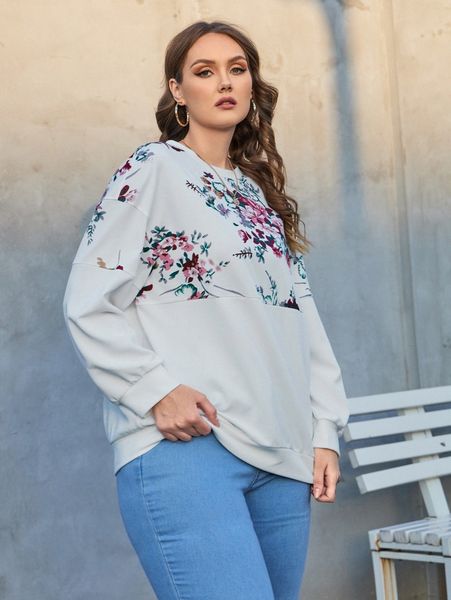 

plus drop shoulder floral print pullover m5on#, Black