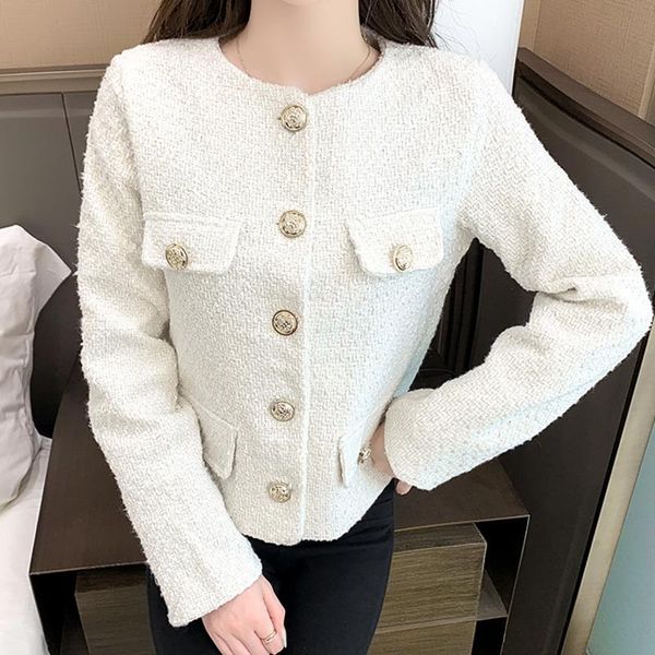 

women's jackets 2021 small fragrant women black tweed outerwear autumn winter golden button blend wool female long sleeve jacket coat c, Black;brown