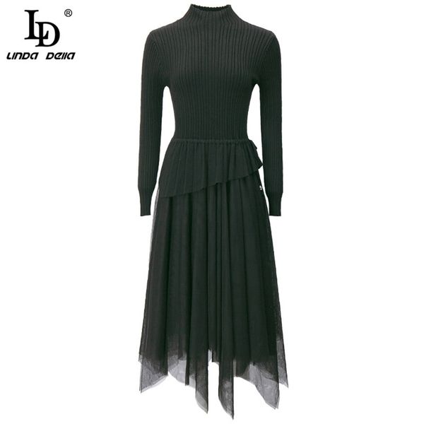 

summer fashion runway dress women long sleeve knit mesh patchwork asymmetrical ladies elegant black midi 210522, Black;gray