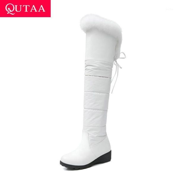 

boots qutaa 2021 winter warm fur square heel pu leather over the knee high casual round toe wedges lace up women shoes size34-431, Black