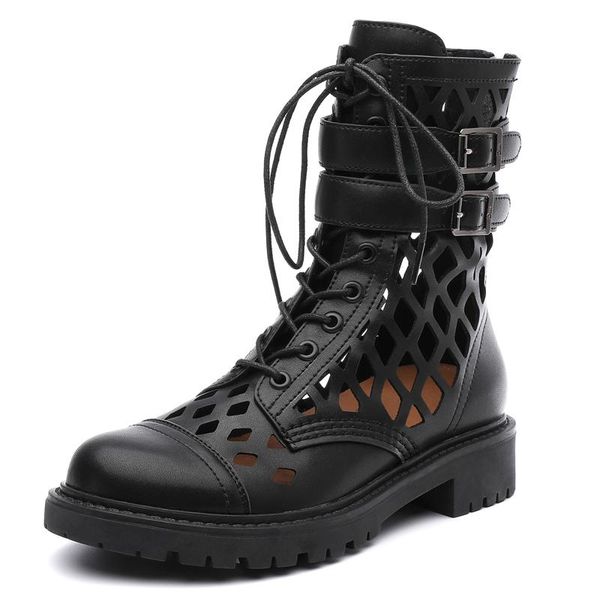 

sandals genuel leather hollow boots female summer breathable mesh british style in the tube thin short, Black