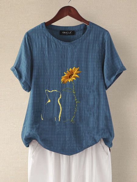 

women's t-shirt summer cat flower print plaid casual cotton linen short sleeve 3v6b, White