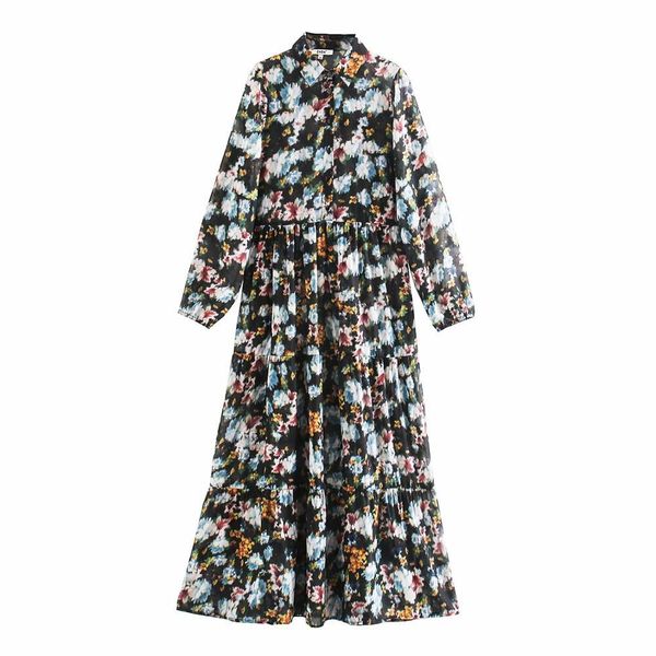 

women vintage ink painting floral printing casual shirtdress ladies long sleeve business vestidos chic retro dresses ds3282 210419, Black;gray