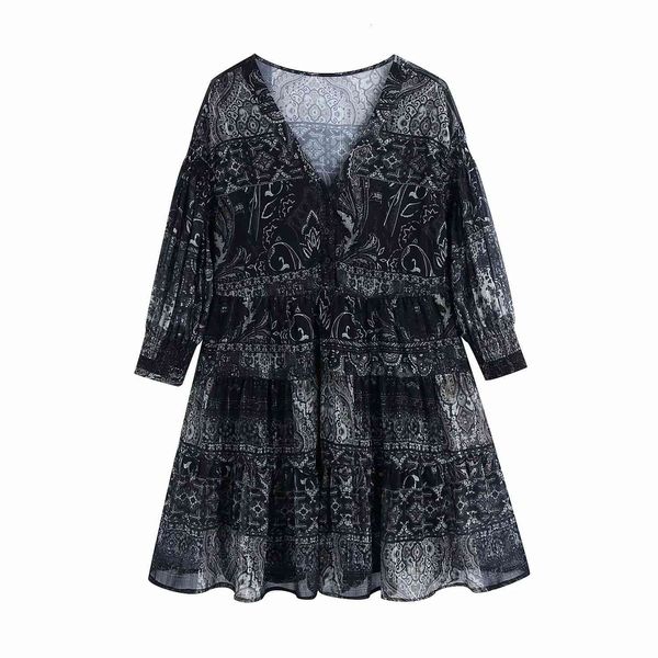 

dresses 2021 women chiffon printed v-neck short mini long sleeves chic lady elegant vintage casual woman es, Black;gray