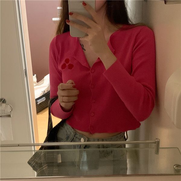 

sweaters chic roses embroidery girls gentle sweet all match loose knitted women slim high waist short sweaters, White;black