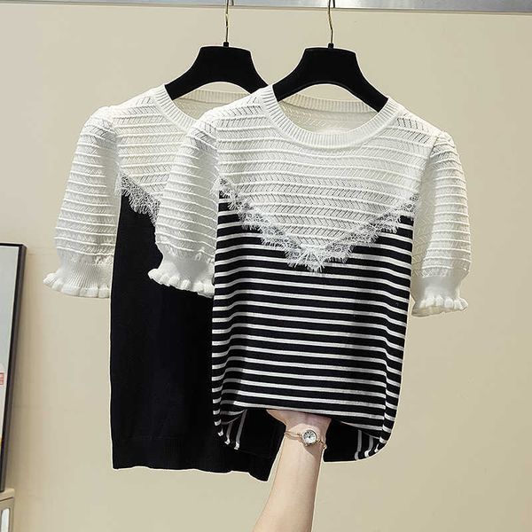 

summer knitted sweater pullovers short sleeve turtleneck thin sweater for women female oversize jumper office lady clothing 210604, White;black