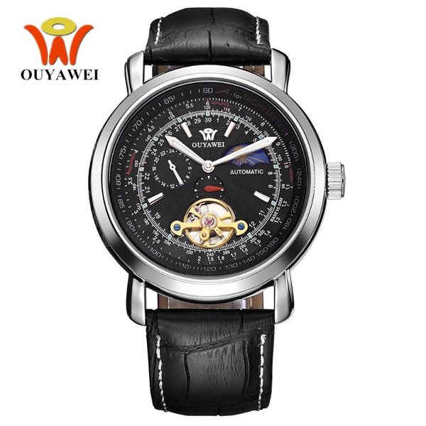 Esqueleto turbilhão de auto -enrolamento automático Mechanical Men Wristwatch Black Leather Strap Macho Relógios Relógios Hombre Relógios de pulso