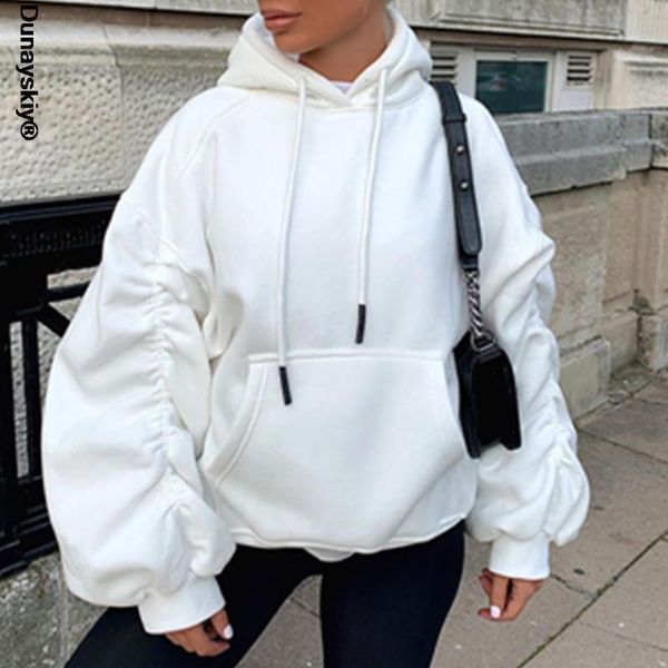 

women's hoodies & sweatshirts 2021 autumn winter white oversized sweatshirt women khaki long puff sleeve ruched casual loose hooded fah, Black