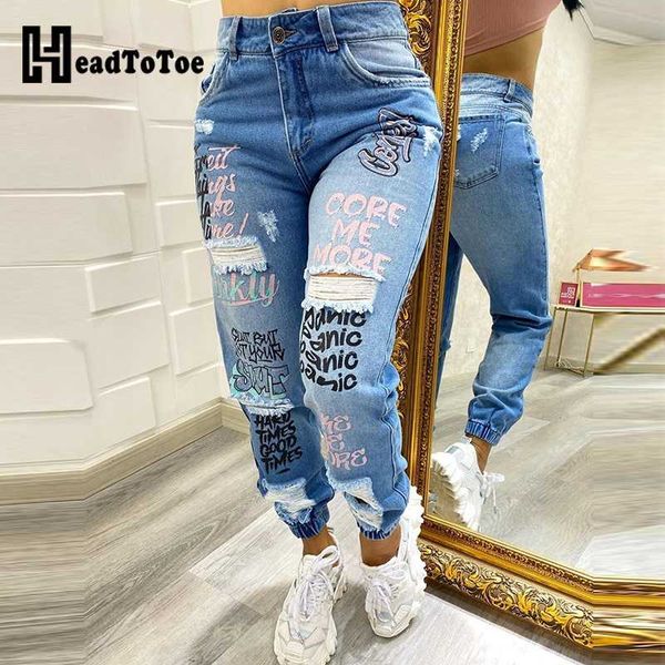 

letter print slant pocket ripped jeans women casual denim pants 211129, Blue