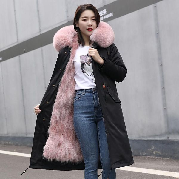 

women's fur & faux 2021 winter jacket women x-long parka natural collar hood thick warm pocket removable outerwear real coat, Black