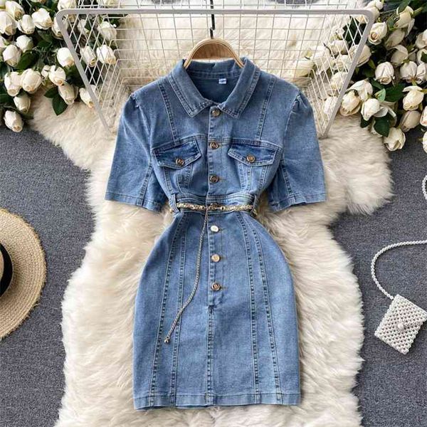 

women's fashion retro denim mini package hip dress summer metal buckle slim short sleeve korean vintage vestidos s756 210527, Black;gray