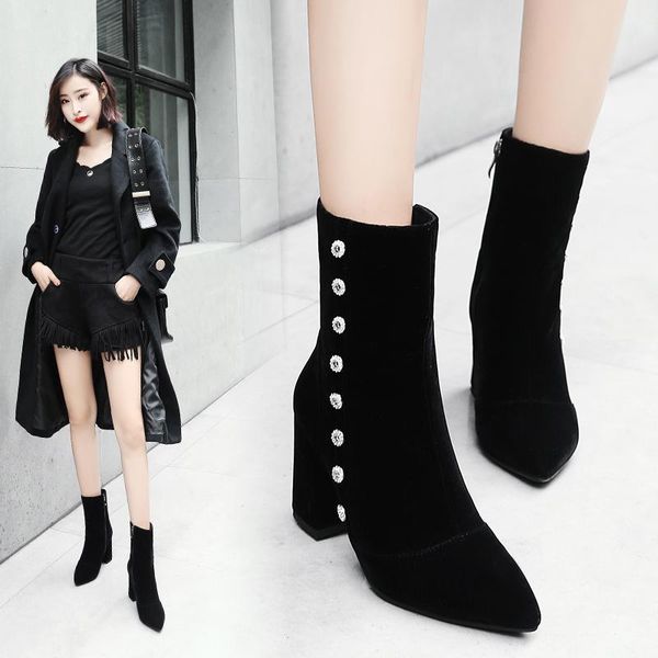 

boots women shoes high heels slip ankle winter suede elegant square female plus size 34-41, Black