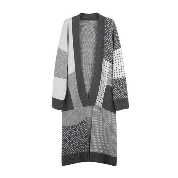 

women gray white pocket sweater knitted geometric v-neck cardigans autumn long style m0252 210514