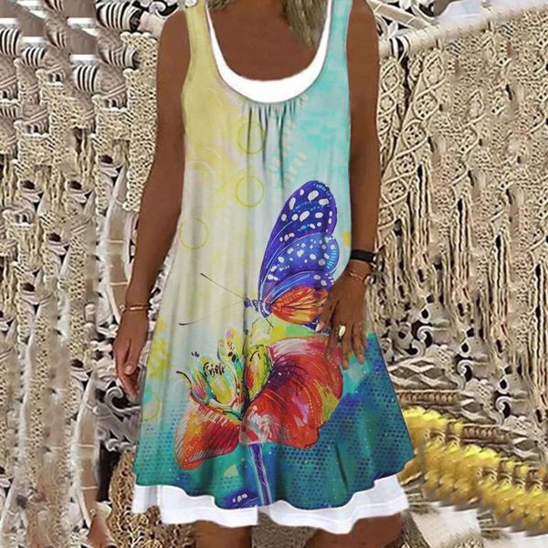 

casual dresses ladies beach summer short sleeveless printed fake two-piece dress 2021 holiday party vest, Black;gray