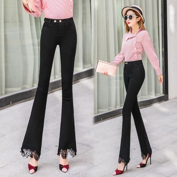 

women's pants & capris 2021 winter flare black lace slim high waist office lady ol casual women trousers, Black;white