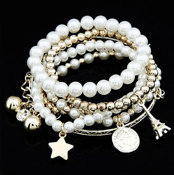 

beaded, strands fashion multi- eiffel tower pearl retro bracelet, six-piece coin jewelry, multi-layer elastic bracelet, Black