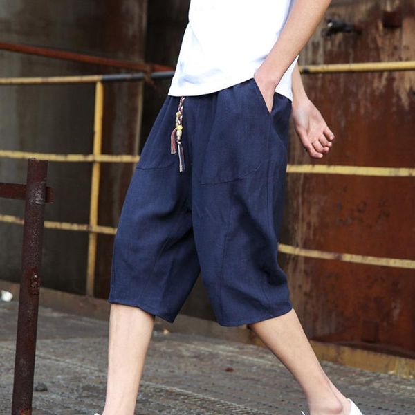 

gym clothing mens cotton linen pants mid-waist casual jogger shorts with drawstring pocket baggy loose work, White;black