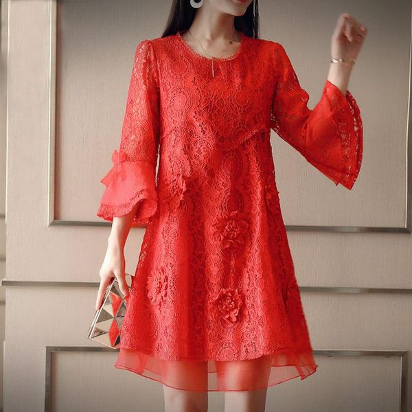 

round neck red lace middle sleeve loose a-line base female dress simple fashionable bowknot crocheted slim women mini casual dresses, Black;gray