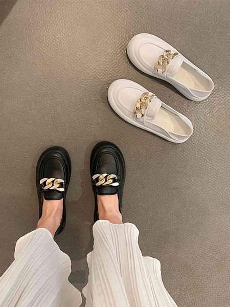 

dress shoes british style womens loafers modis round toe casual female sneakers metal chain flats all-match preppy slip-on summer, Black