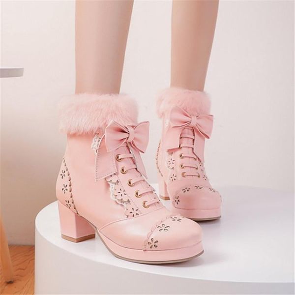

sweet bride wedding boots white pink faux fur bow ruffles girls lolita cosplay uniform costume ankle large size, Black