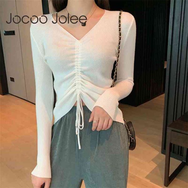 

elegant v neck korean solid drawstring pleated slim knitted sweater harajuku pullovers autumn winter 210416, White;black