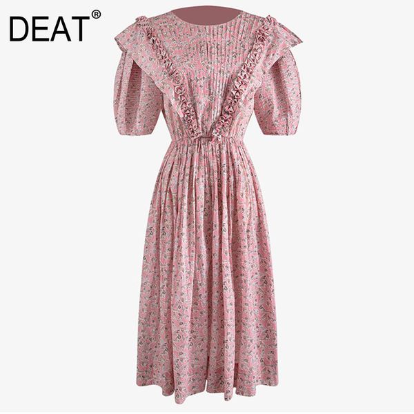 

women print ruched midi dress o-neck lantern shorts sleeve loose fit fashion tide spring summer gx611 210421, Black;gray