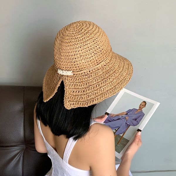 

foldable straw hat women's summer sunshade handmade pearl straw hat versatile women's sunscreen fisherman's hat, Blue;gray